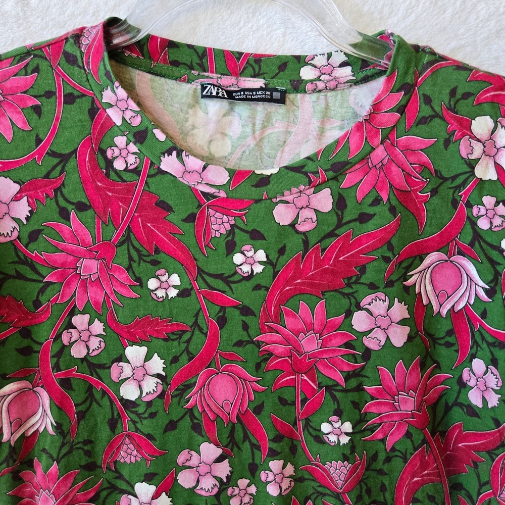 Zara Womens Floral Puff Sleeve Top Cotton Casual Boho Green Pink Size S - Picture 4 of 10